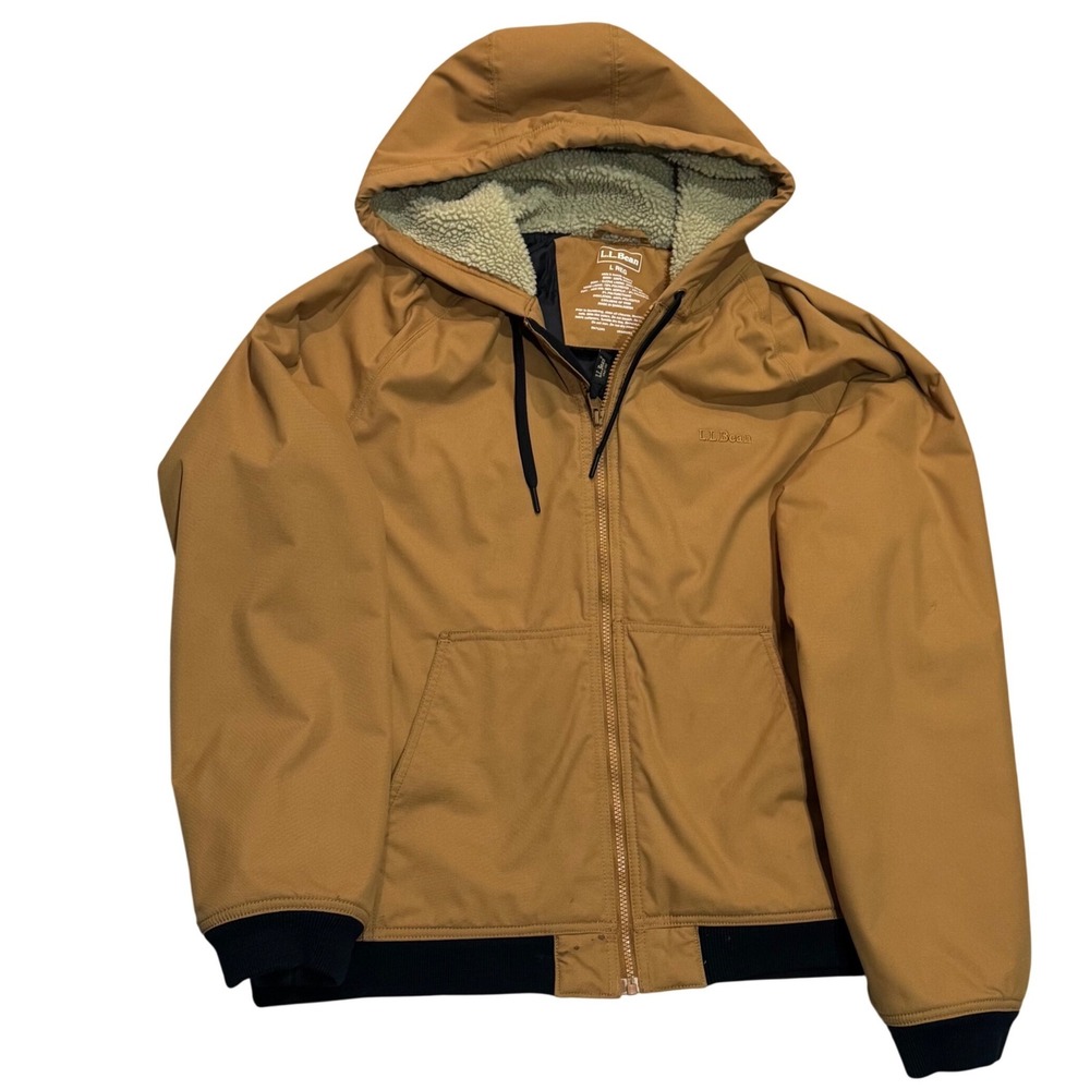 L.L. Bean Hooded Jacket Mens Large Tan Sherpa Lined Insulated Good Workwear
